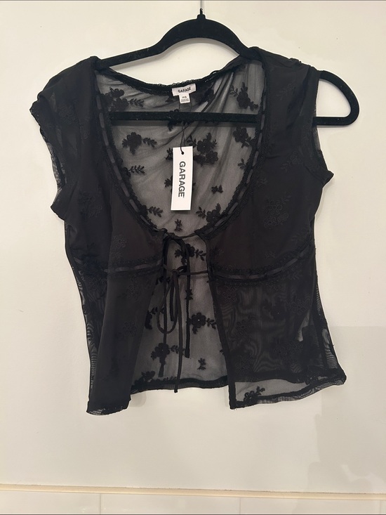 Garage Tops - Garage Sheer Black Floral Tie-Front Crop Top